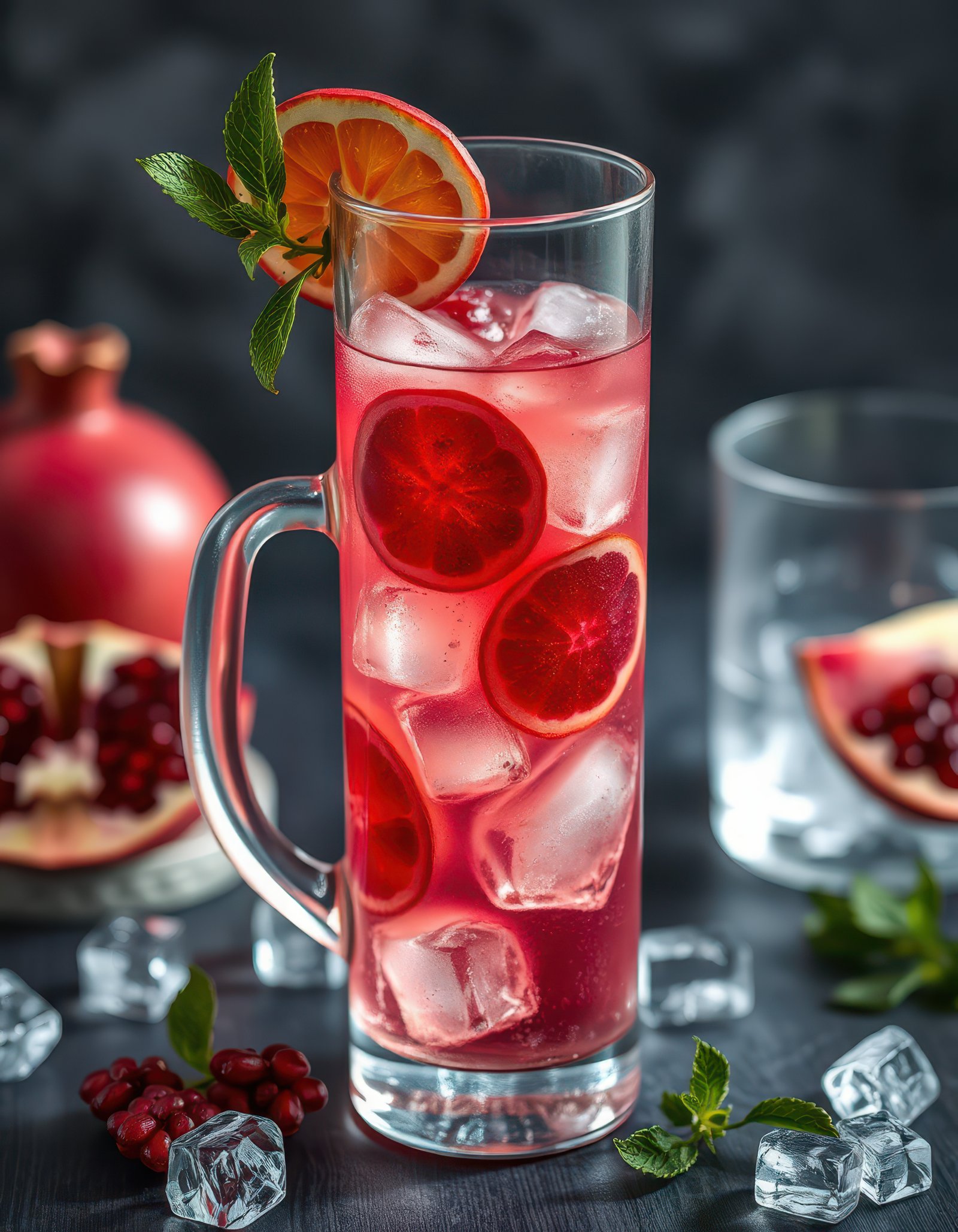 Refreshing red beverage garnished with mint and citrus, featuring pomegranate slices and ice in a stylish glass